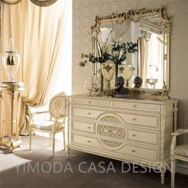 Italian Style Dining Room Cabinet Carving White Golden wooden Doors & Golden Dining cabinet sideboard for Elegant Display cabinet