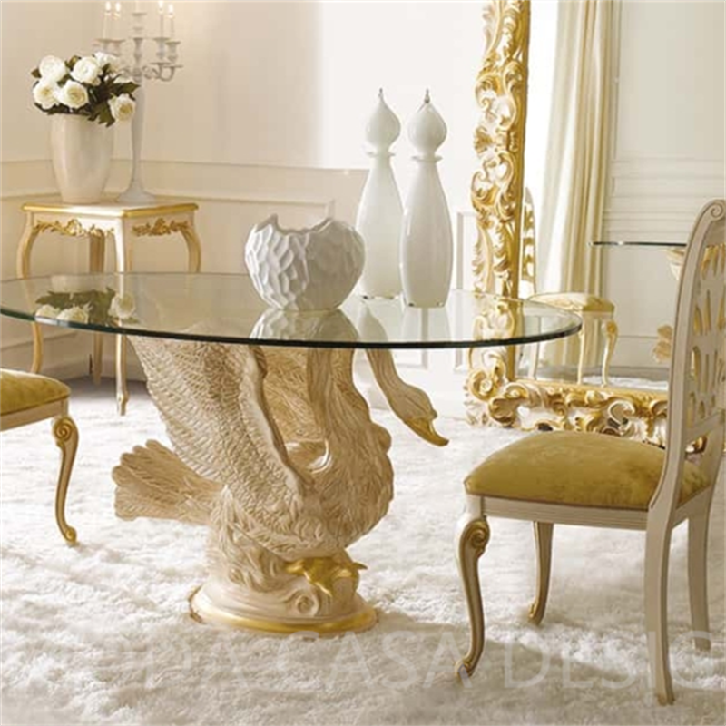 Classic Rustic Round Golden Wood Dining Table with Exquisite Carving Golden Round Dining table set