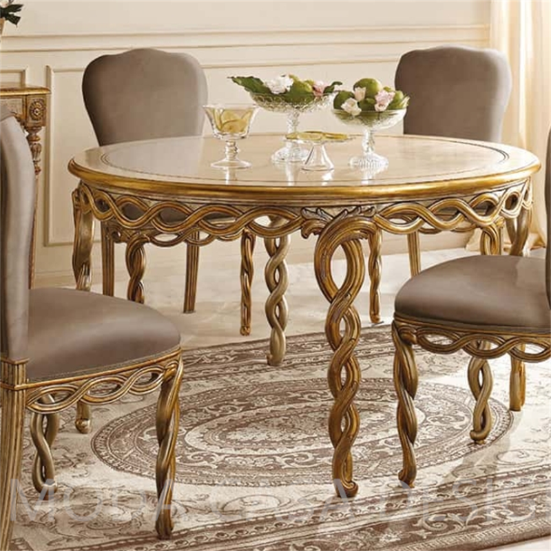 Classic Rustic Round Golden Wood Dining Table with Exquisite Carving Golden Round Dining table set