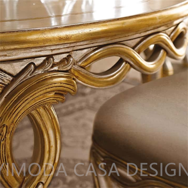 Classic Rustic Round Golden Wood Dining Table with Exquisite Carving Golden Round Dining table set