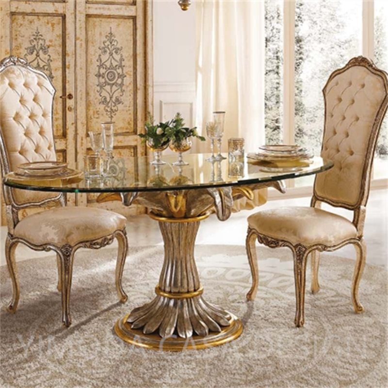 French Luxury Antique Round Tempered glass top Solid Wood Carved Table and Chair Set 6-seater Turntable Design Furniture Round Dining Table