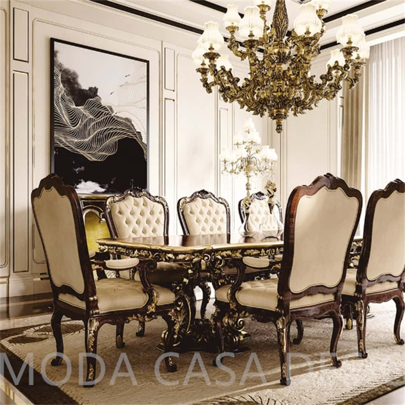 American Luxury Antique Dining Table Carved Brown Solid Wood Royal Villa Dining Table White Chesterfield Dining chair