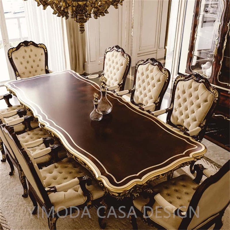 American Luxury Antique Dining Table Carved Brown Solid Wood Royal Villa Dining Table White Chesterfield Dining chair