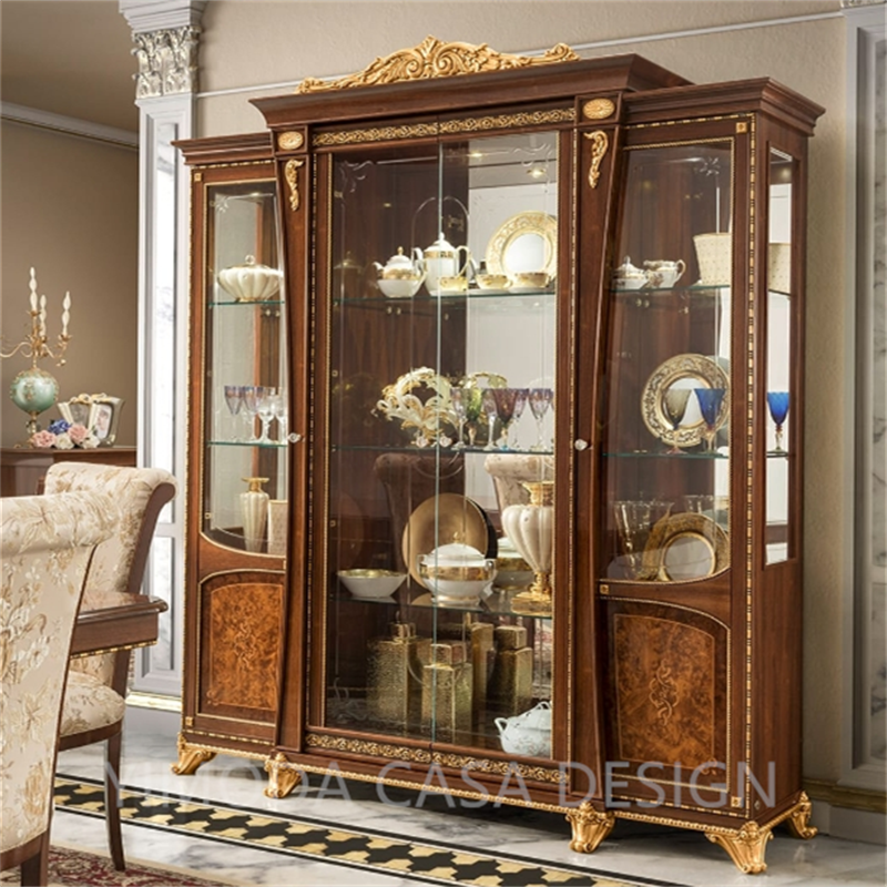 European Style Luxury Wooden Glass carved wooden wine Cabinet Vintage Brown Carved Cutlery Cabinet for Living Room Villa Dining Room Furniture