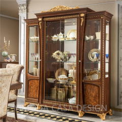 European Style Luxury Wooden Glass carved wooden wine Cabinet Vintage Brown Carved Cutlery Cabinet for Living Room Villa Dining Room Furniture