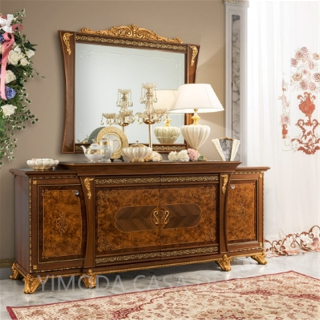European Style Luxury Wooden Glass carved wooden wine Cabinet Vintage Brown Carved Cutlery Cabinet for Living Room Villa Dining Room Furniture