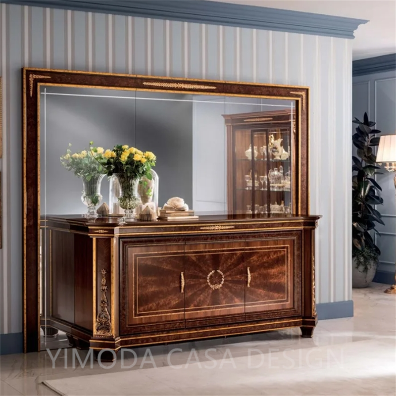 European Style Luxury Wooden Glass carved wooden wine Cabinet Vintage Brown Carved Cutlery Cabinet for Living Room Villa Dining Room Furniture