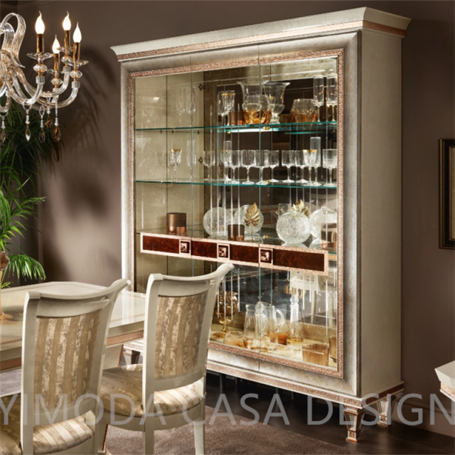 Royal Family Dining Room Furniture Set Luxury Antique Gold Solid Wood Carved Wine Cabinet With Glass Doors