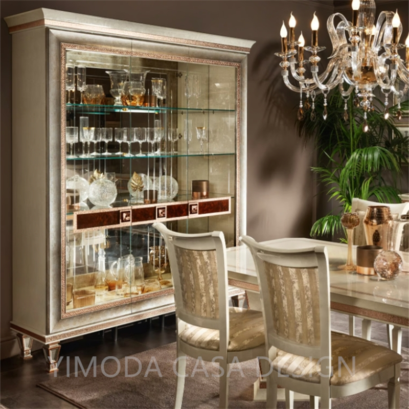 Royal Family Dining Room Furniture Set Luxury Antique Gold Solid Wood Carved Wine Cabinet With Glass Doors