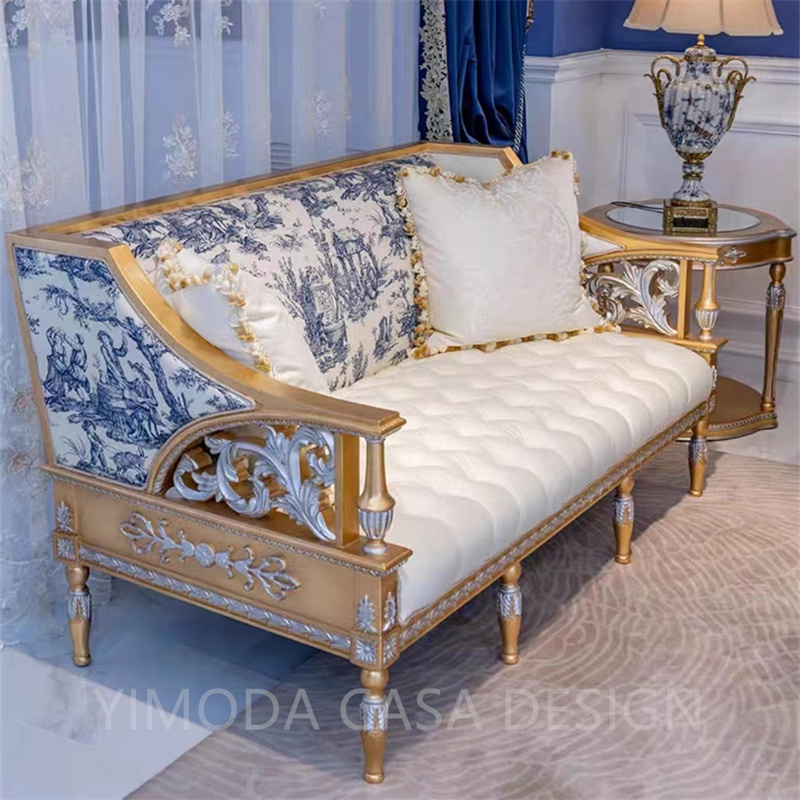 Antique Sofa Royal Furniture Living Room Luxury Sofa Furniture Hand Made embroidery blue white Fabric Solid Wood Carved  Sofa Design