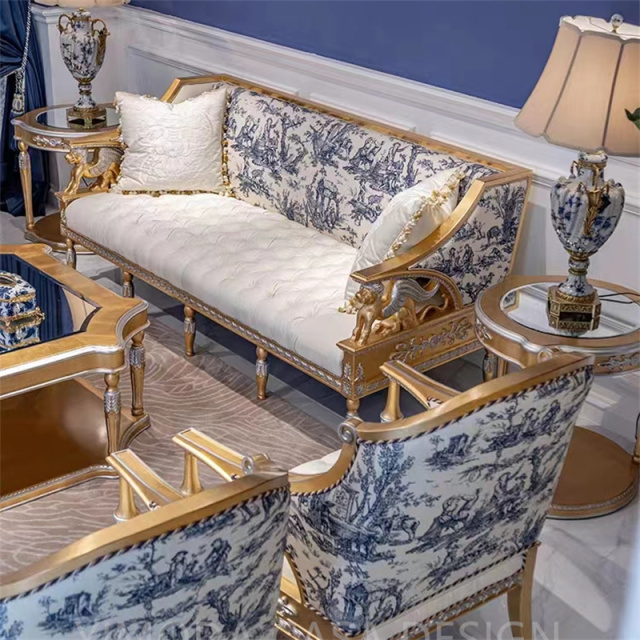 Antique Sofa Royal Furniture Living Room Luxury Sofa Furniture Hand Made embroidery blue white Fabric Solid Wood Carved  Sofa Design