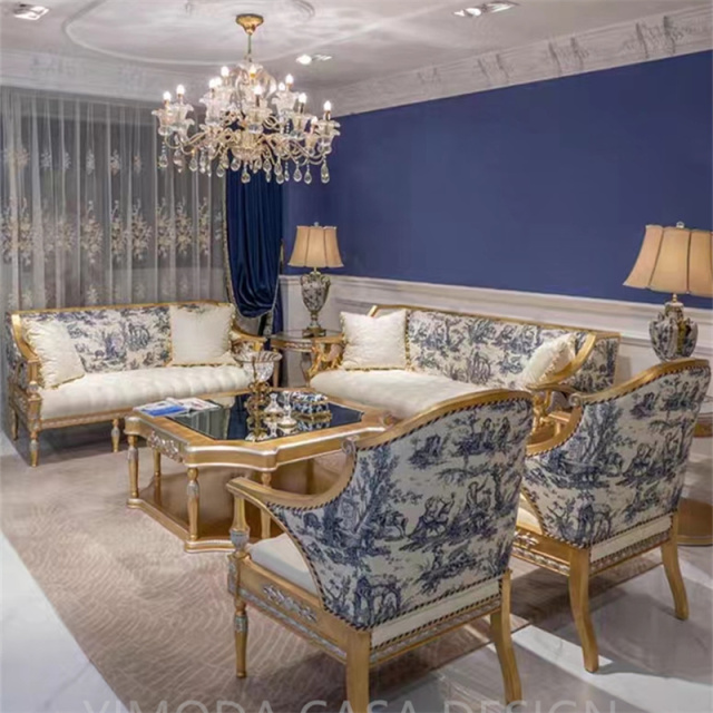 Antique Sofa Royal Furniture Living Room Luxury Sofa Furniture Hand Made embroidery blue white Fabric Solid Wood Carved  Sofa Design