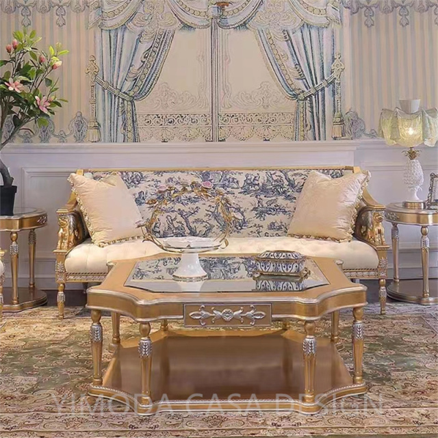 Antique Sofa Royal Furniture Living Room Luxury Sofa Furniture Hand Made embroidery blue white Fabric Solid Wood Carved  Sofa Design