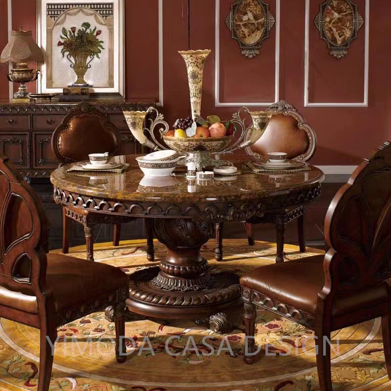 Hand Carved Brown round marble top brown Dining Room Tables and Chairs European Vintage Style Dining Table and Chairs