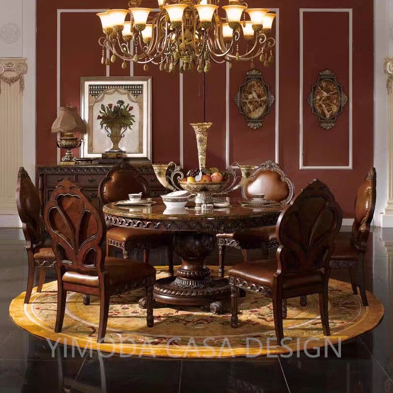 Hand Carved Brown round marble top brown Dining Room Tables and Chairs European Vintage Style Dining Table and Chairs