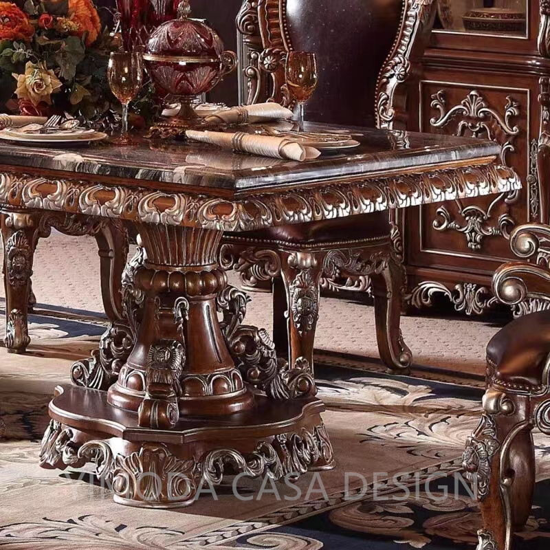European Brown Marble Top Rectangular Dining Table Villa Furniture Hotel Carved Set for the Dining Room Set