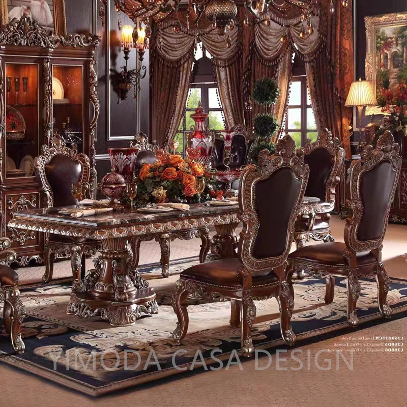 European Brown Marble Top Rectangular Dining Table Villa Furniture Hotel Carved Set for the Dining Room Set