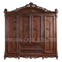 American Classical Carved Brown Painted Bedroom Wardrobe Durable Wooden wardrobe palace furniture