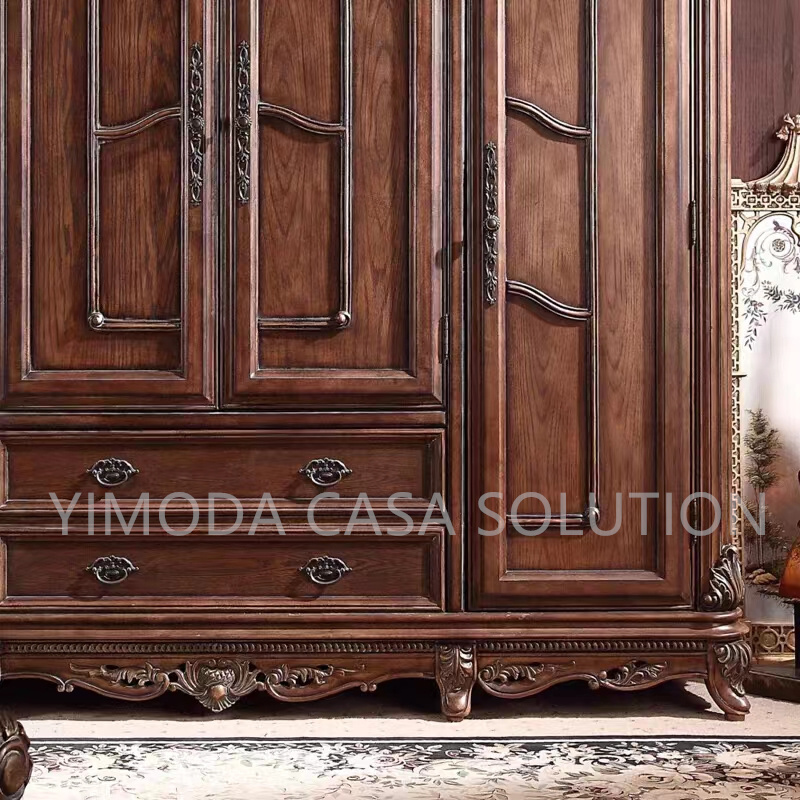 American Classical Carved Brown Painted Bedroom Wardrobe Durable Wooden wardrobe palace furniture