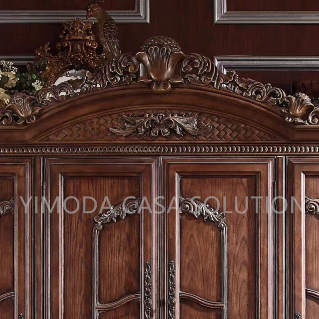 American Classical Carved Brown Painted Bedroom Wardrobe Durable Wooden wardrobe palace furniture