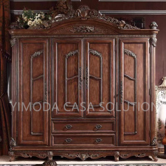 American Classical Carved Brown Painted Bedroom Wardrobe Durable Wooden wardrobe palace furniture
