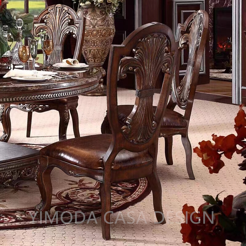 Luxury Classical American Carved Solid Wood Round Dining Table Stable Brown marble top Imported Beech Wood Round dining table set