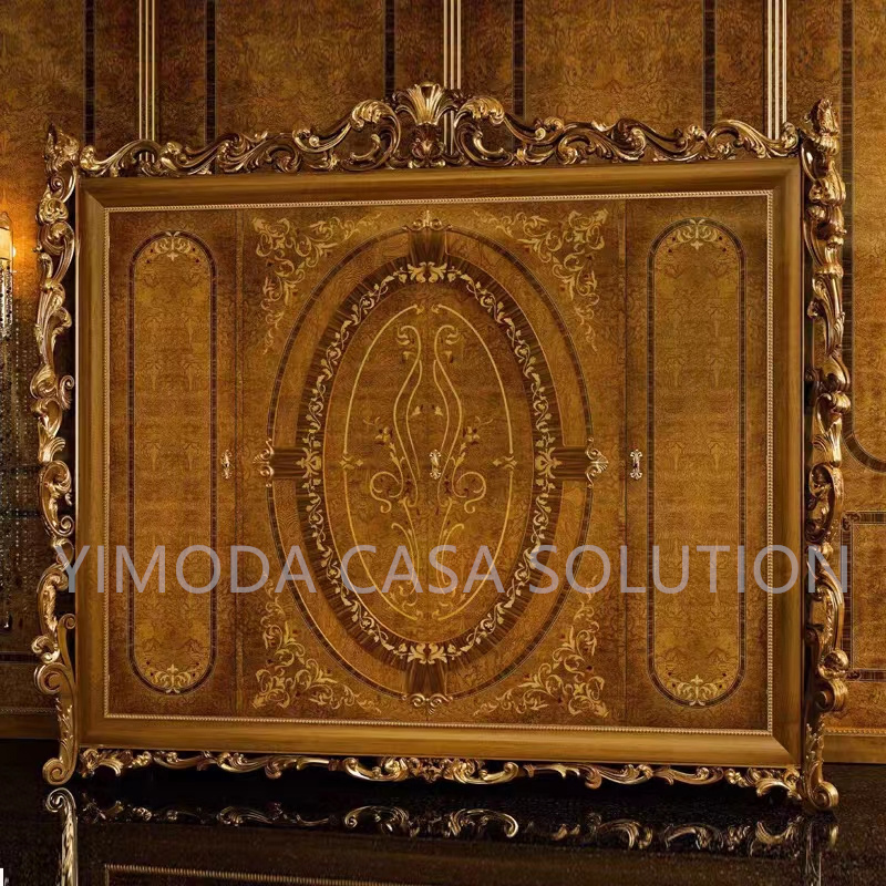 American Classical Carved French Rose Series Handpainted Rose Pattern Bedroom Set Furniture Classical 4-Door Wardrobe