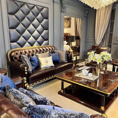 Factory Direct Sale Antique European Living Room Furniture Chesterfield brown leather sofa Classic 100% Hand-carved Solid Wood Sofa Set