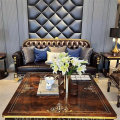 Factory Direct Sale Antique European Living Room Furniture Chesterfield brown leather sofa Classic 100% Hand-carved Solid Wood Sofa Set