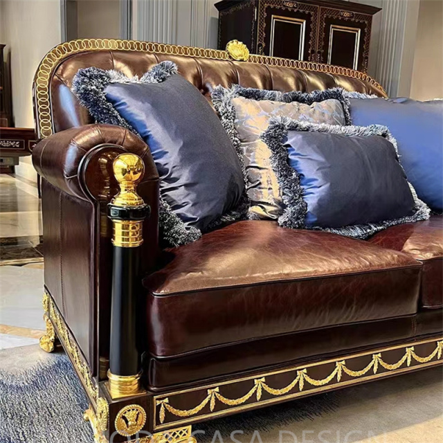 Factory Direct Sale Antique European Living Room Furniture Chesterfield brown leather sofa Classic 100% Hand-carved Solid Wood Sofa Set