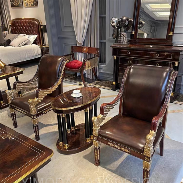 Factory Direct Sale Antique European Living Room Furniture Chesterfield brown leather sofa Classic 100% Hand-carved Solid Wood Sofa Set
