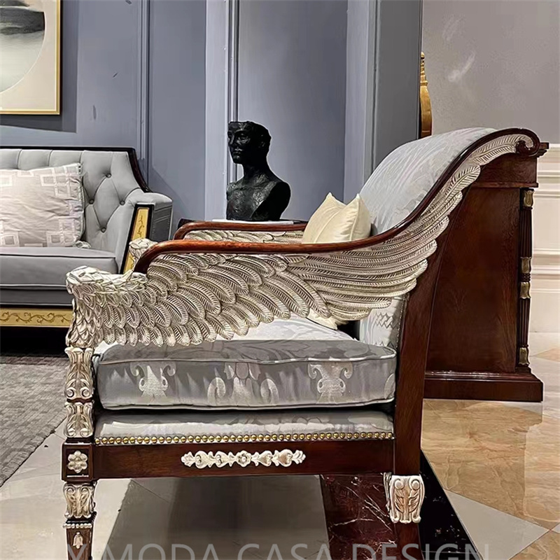 Luxury American Antique Wood art Carved wing arm sofa chair for Home Living Room Furniture