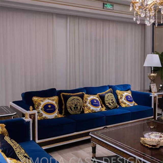 Luxury Antique Brown Wood Furniture Handmade Blue velvet chesterfield Sectional Sofa with Full Carved sofa set