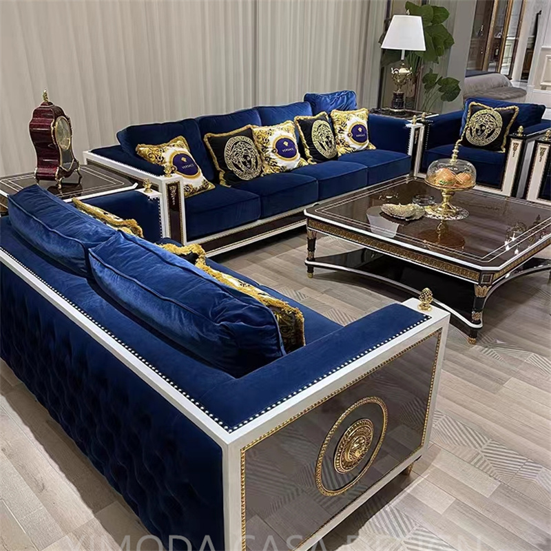 Luxury Antique Brown Wood Furniture Handmade Blue velvet chesterfield Sectional Sofa with Full Carved sofa set