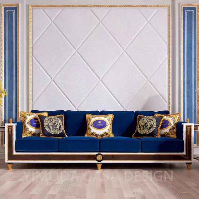 Luxury Antique Brown Wood Furniture Handmade Blue velvet chesterfield Sectional Sofa with Full Carved sofa set