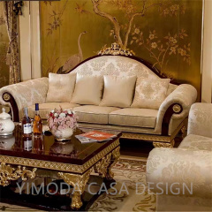 Luxury Antique European Style Craft Carved beige fabric sofa Living Room Furniture Brown Wooden white embroidery Sofa Sets