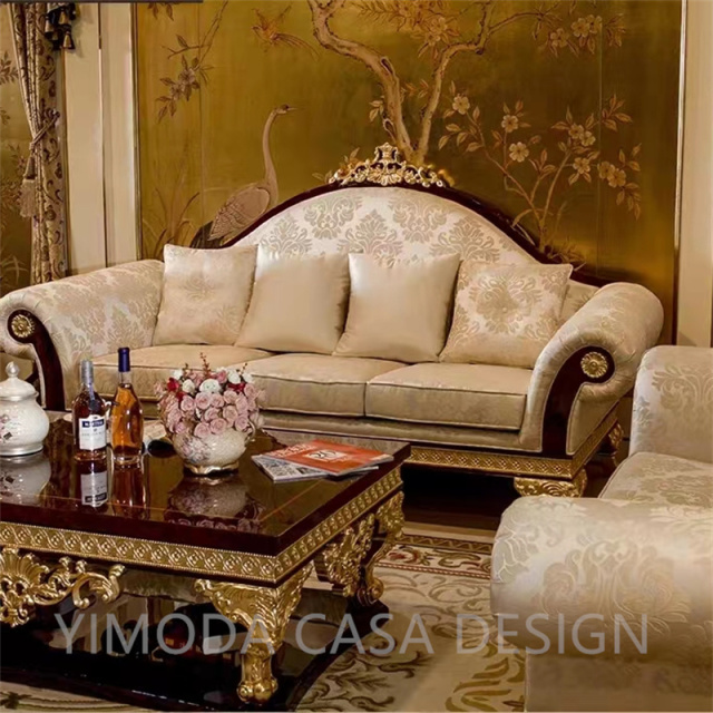 Luxury Antique European Style Craft Carved beige fabric sofa Living Room Furniture Brown Wooden white embroidery Sofa Sets