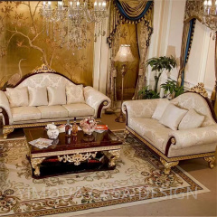 Luxury Antique European Style Craft Carved beige fabric sofa Living Room Furniture Brown Wooden white embroidery Sofa Sets