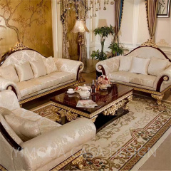 Luxury Antique European Style Craft Carved beige fabric sofa Living Room Furniture Brown Wooden white embroidery Sofa Sets