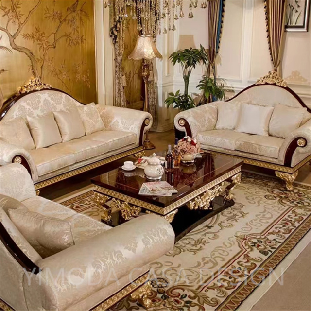 Luxury Antique European Style Craft Carved beige fabric sofa Living Room Furniture Brown Wooden white embroidery Sofa Sets