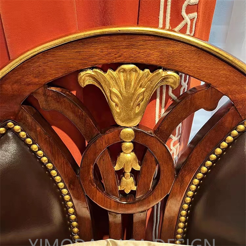 European Style Brown Chesterfield Leather Armchair Sofa Antique leisure sofa chair Furniture Living Room Carved Wooden accent armchair