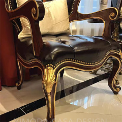 European Style Brown Chesterfield Leather Armchair Sofa Antique leisure sofa chair Furniture Living Room Carved Wooden accent armchair