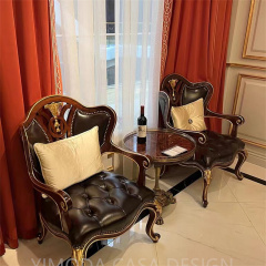 European Style Brown Chesterfield Leather Armchair Sofa Antique leisure sofa chair Furniture Living Room Carved Wooden accent armchair