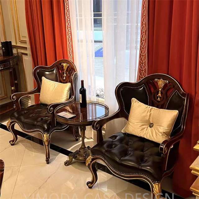 European Style Brown Chesterfield Leather Armchair Sofa Antique leisure sofa chair Furniture Living Room Carved Wooden accent armchair
