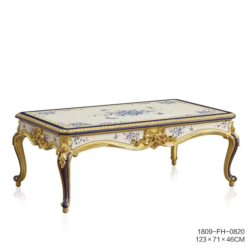 French-Style Antique Solid Wood Carved French blue white embroidery fabric chesterfield Sofa for European-Style Villa Living Room