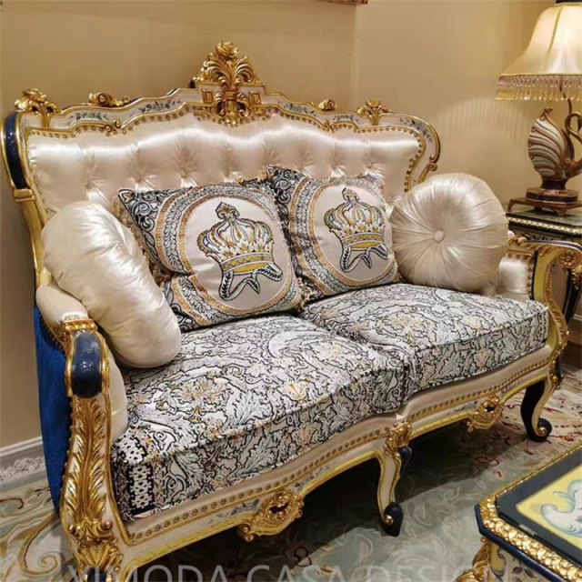 French-Style Antique Solid Wood Carved French blue white embroidery fabric chesterfield Sofa for European-Style Villa Living Room