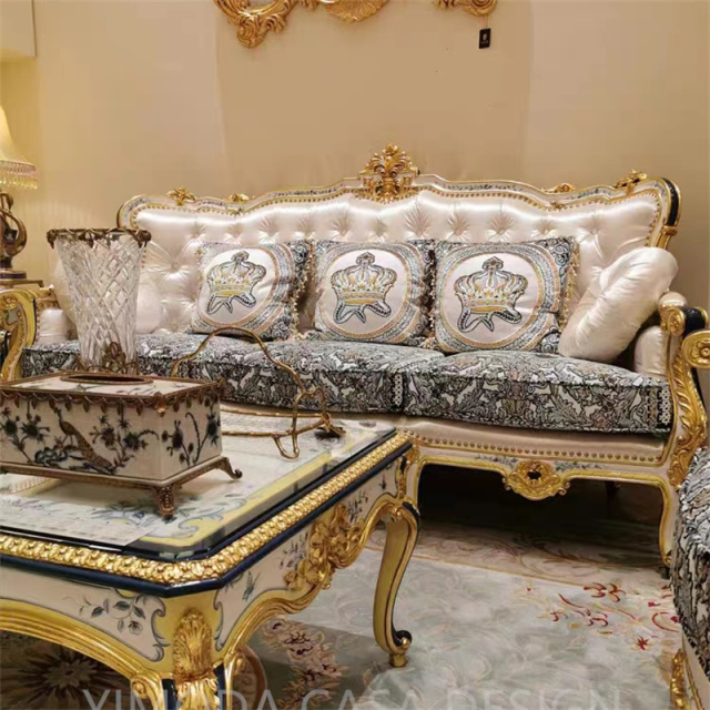 French-Style Antique Solid Wood Carved French blue white embroidery fabric chesterfield Sofa for European-Style Villa Living Room