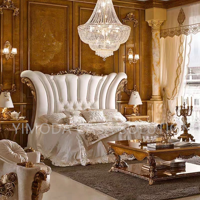 Antique luxury Carved Wooden Bed Rustic Antique White tufted fabric Finish Hand Made Brown wooden antique Double Bed