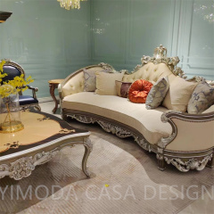 European Classic Antique Sofa Set American Style 1 2 3 Seater Carving Wooden Sofa Luxury Hotel Lobby Villa silver carved chesterfield Leather Sofa