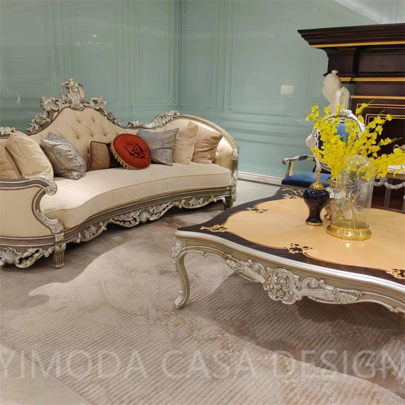 European Classic Antique Sofa Set American Style 1 2 3 Seater Carving Wooden Sofa Luxury Hotel Lobby Villa silver carved chesterfield Leather Sofa